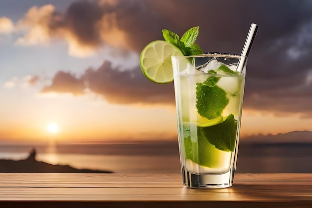 Un vaso de agua con paja y hojas de menta en el fondo de una puesta de sol.