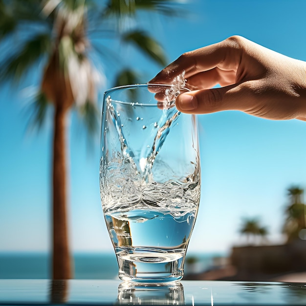 un vaso de agua con una palmera en el fondo