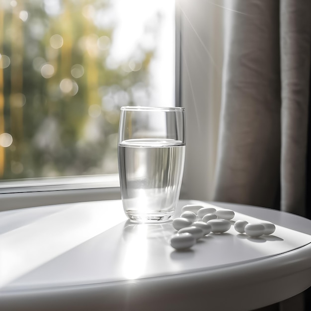 Un vaso de agua y pastillas sobre una mesa con una ventana al fondo.