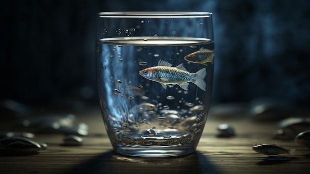 Un vaso de agua con peces nadando en él