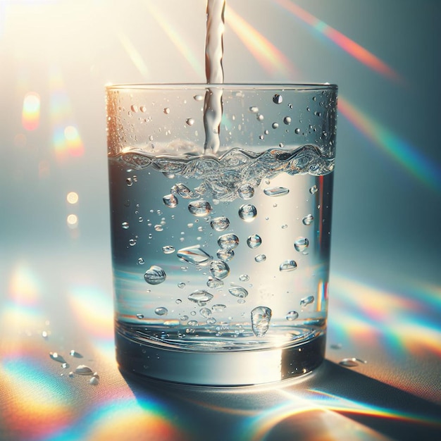 Un vaso de agua con pedazos de hielo en el interior sobre un fondo ligero