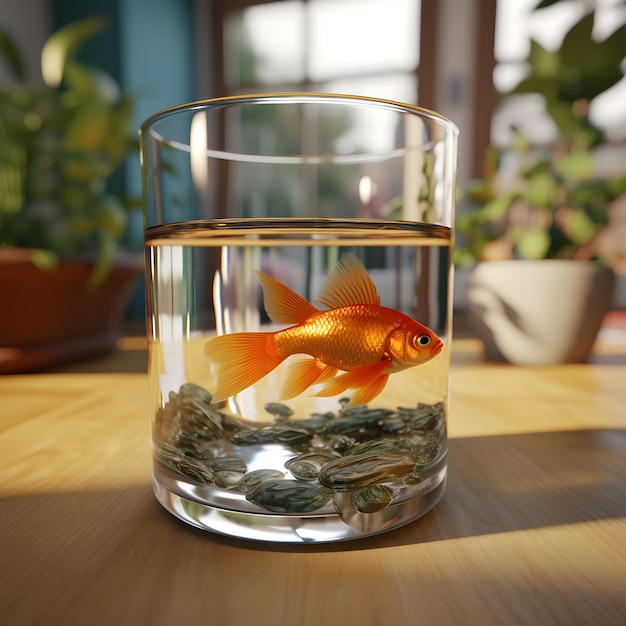 Un vaso de agua con un pez dorado dentro