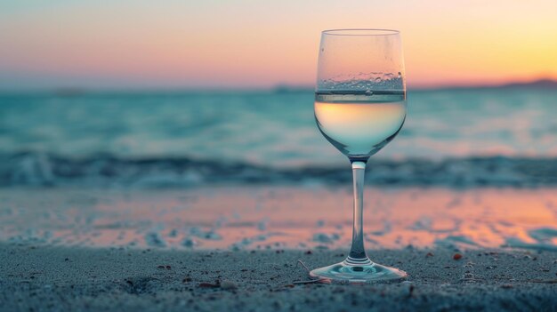 Un vaso de agua en la playa de arena