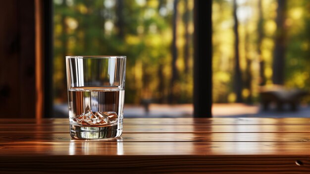 vaso de agua pura en una mesa de madera en el espacio interior