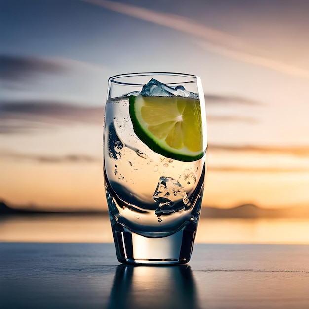 Un vaso de agua con una rodaja de lima dentro