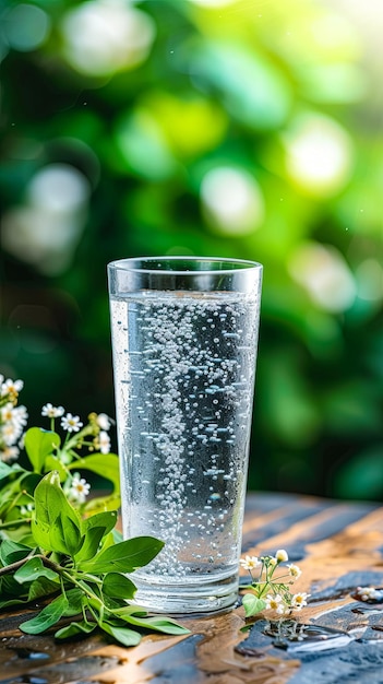 Un vaso de agua se sienta en una mesa junto a algunas flores