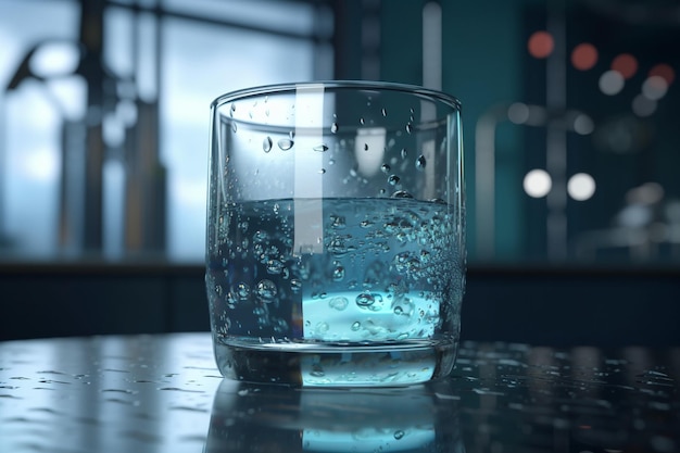 Un vaso de agua se sienta sobre una mesa con un fondo azul.