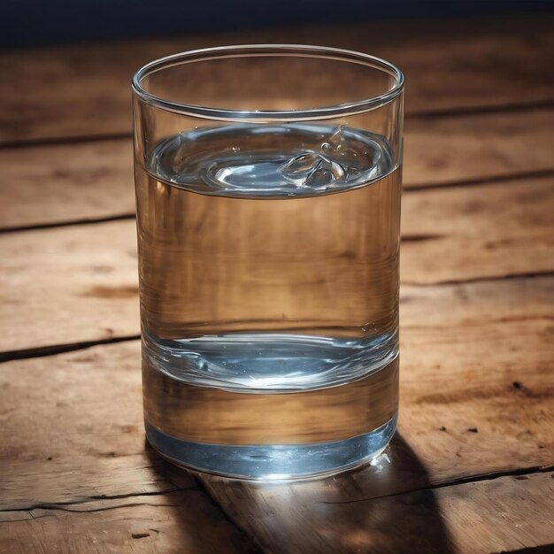 Un vaso de agua sobre un fondo de madera