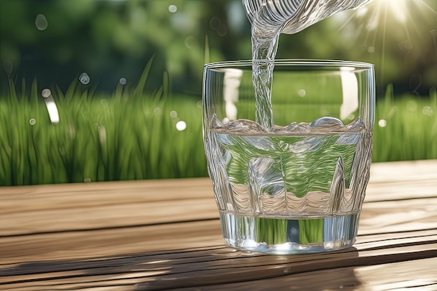 vaso de agua sobre fondo de maderavidrio con agua sobre una mesa de madera en la naturalezavaso de agua sobre fondo de madera