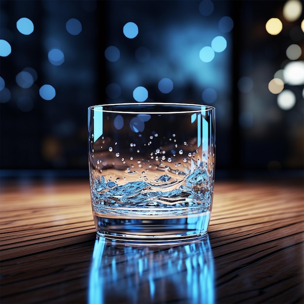 Un vaso de agua sobre una mesa con un bokeh de luces de colores generado por IA