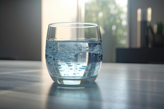 Un vaso de agua sobre una mesa de fondo azul.