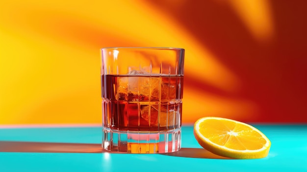 Un vaso de alcohol con media naranja sobre la mesa.