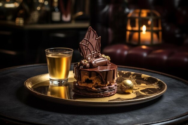 Un vaso de alcohol y un postre de chocolate en un plato de oro.