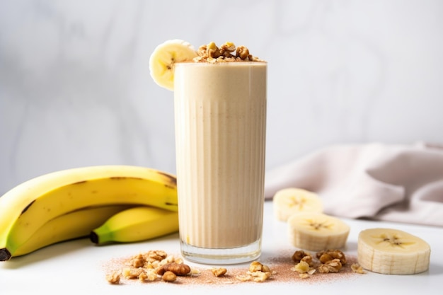 Un vaso alto de batido con rodaja de plátano y aderezos de nueces