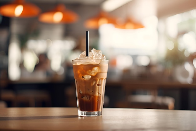 Un vaso alto de café con leche helado con crema de leche en una barra de mostrador de madera sobre un reflejo de ventana de vidrio de café en una cafetería Café Refresco de cerveza fría Bebida de verano con espacio para copiar Enfoque selectivo