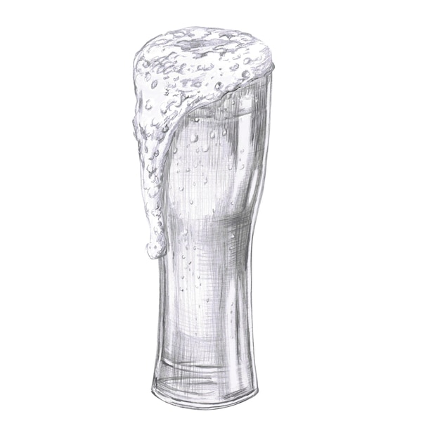 Vaso alto de cerveza con espuma que fluye hacia abajo ilustración de lápiz aislada en estilo realista para la barra
