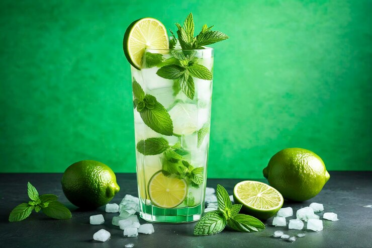 Un vaso alto de mojito con hojas de menta rebanadas de lima y cubos de hielo de fondo tropical
