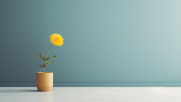 Vaso Amarelo Minimalista Com Flor Na Parede Azul