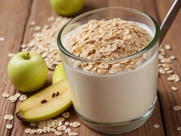 Foto un vaso de avena con avena y plátanos en una mesa