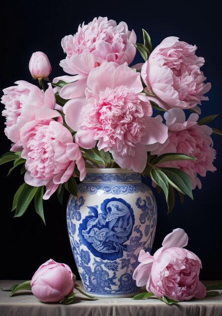 Vaso azul y blanco con flores rosas