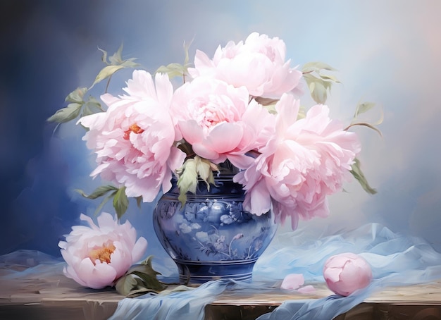 Vaso azul cheio de flores cor-de-rosa e brancas