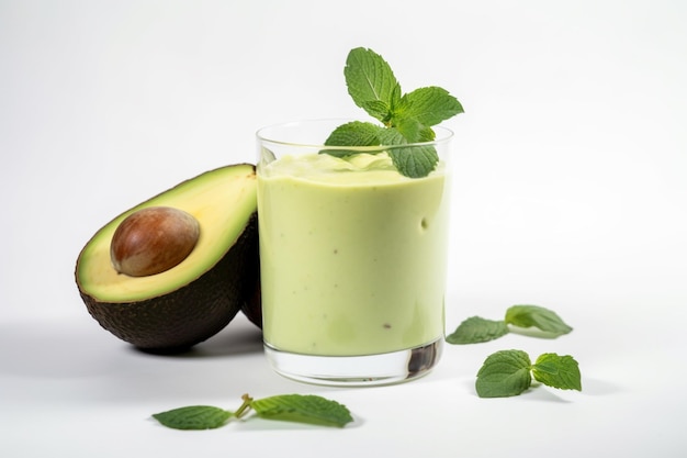 Un vaso de batido de aguacate con hojas de menta al lado