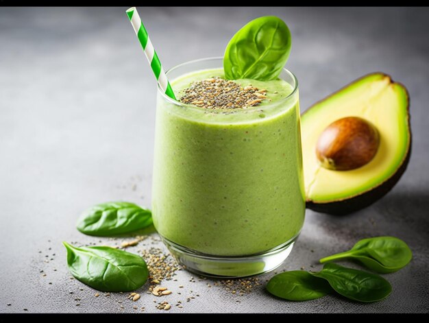 Foto un vaso de batido de aguacate con una pajilla de rayas verdes y blancas junto a medio aguacate.