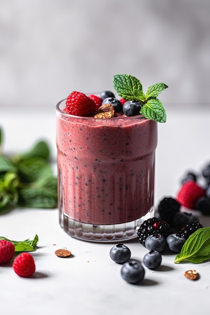 Un vaso de batido con bayas y menta al lado