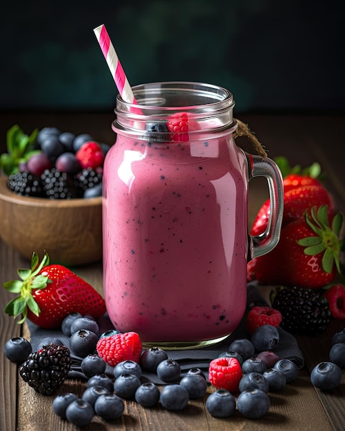 Un vaso de batido de bayas con pajita y arándanos sobre una mesa de madera.