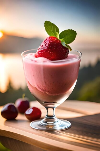 Un vaso de batido de cereza con una fresa encima