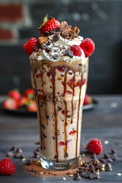 un vaso con un batido de chocolate y fresas en él