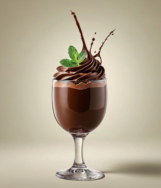 un vaso de batido de chocolate con una hoja verde en la parte superior