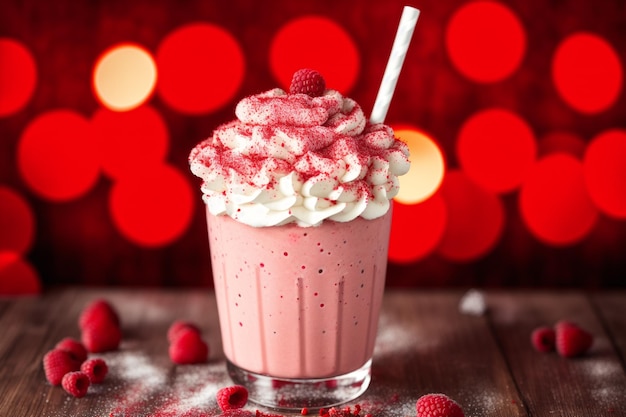 Un vaso de batido de frambuesa con crema batida y frambuesas sobre una mesa de madera.