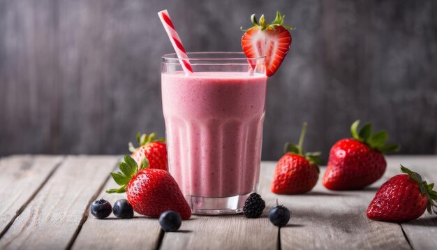 Un vaso de batido de fresa con fresas y arándanos en una mesa de madera