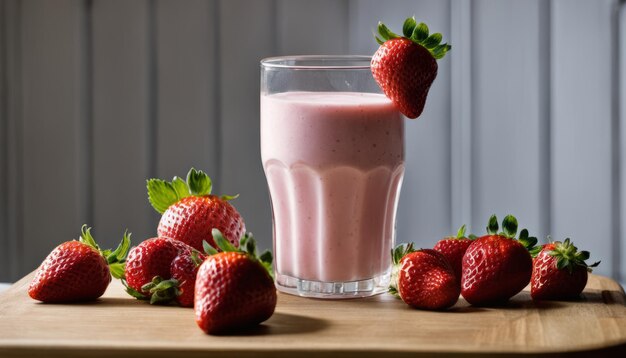 Un vaso de batido de fresa con fresas en una bandeja de madera