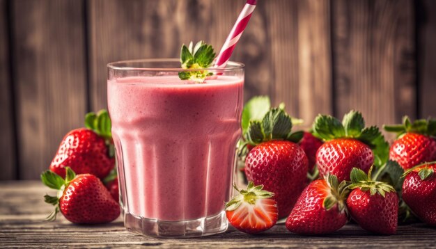 Un vaso de batido de fresa con fresas en el lado