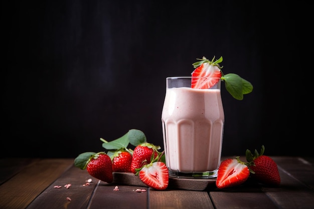 Un vaso de batido de fresa con fresas en una mesa de madera.