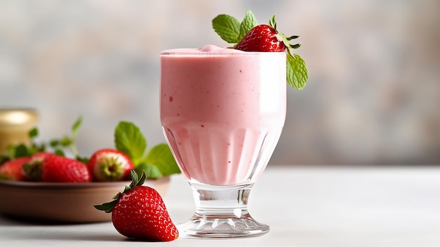 Un vaso de batido de fresa con una hoja verde y fresas en él.