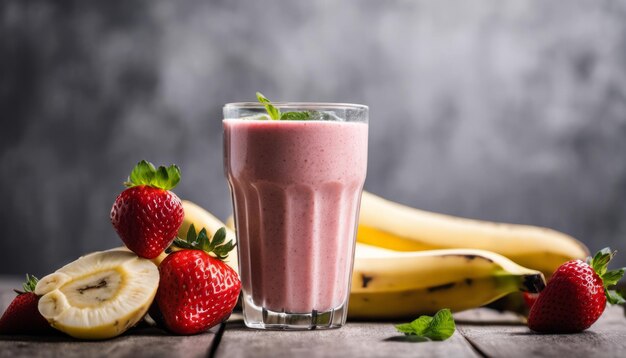 Un vaso de batido de fresa y plátano con plátanos y fresas