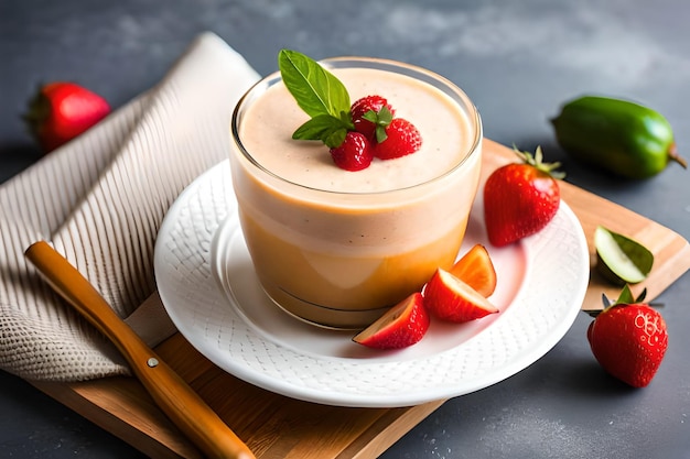 Un vaso de batido de fresa con una rodaja de menta encima