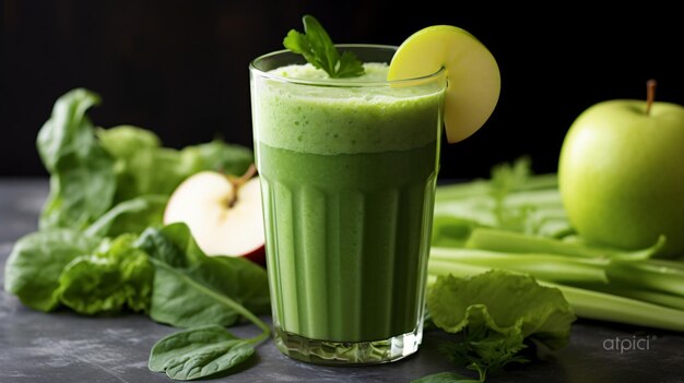 Vaso de batido de jugo verde con manzana y espinacas