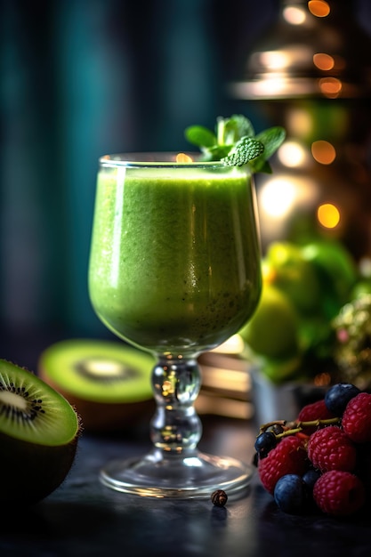 Un vaso de batido de kiwi con una bebida verde frente a una lámpara.