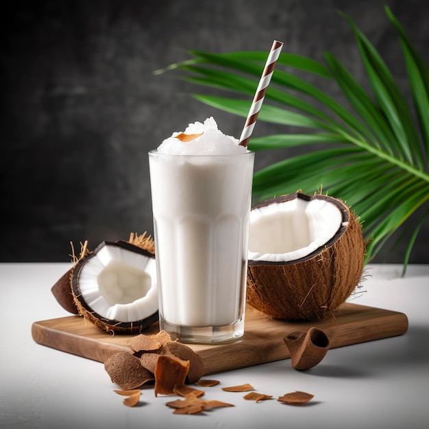 Vaso de batido de leche de coco con coco fresco en rodajas AI generativa