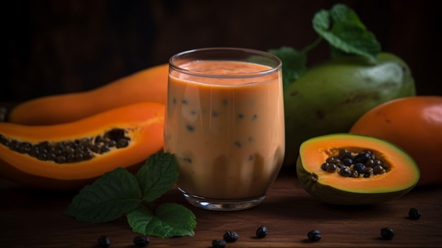 Un vaso de batido de mango con mango sobre la mesa