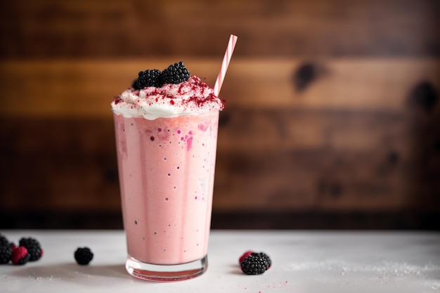 Un vaso de batido de moras con una pajita