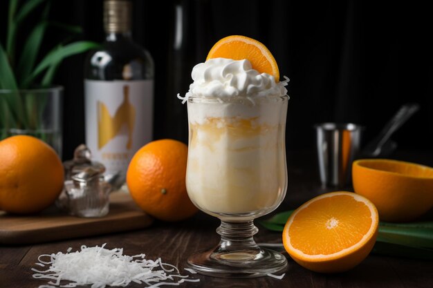 Un vaso de batido de naranja y coco con una botella de jugo de naranja al lado.