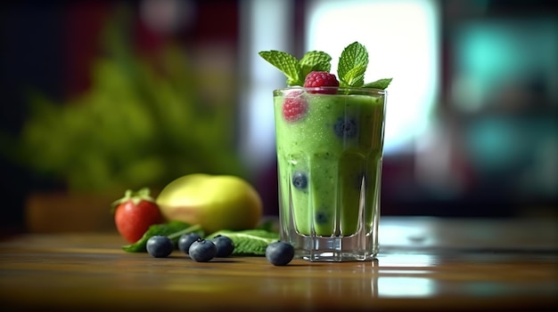 Un vaso de batido verde con arándanos y frutas verdes al lado