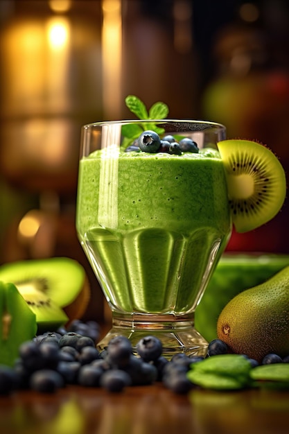 Un vaso de batido verde con arándanos y kiwis al lado.