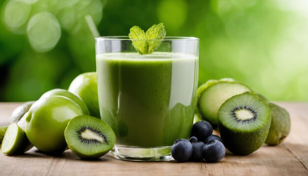 Foto un vaso de batido verde con kiwi y arándanos