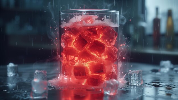 Vaso de bebida alcohólica con hielo y rojo brillante